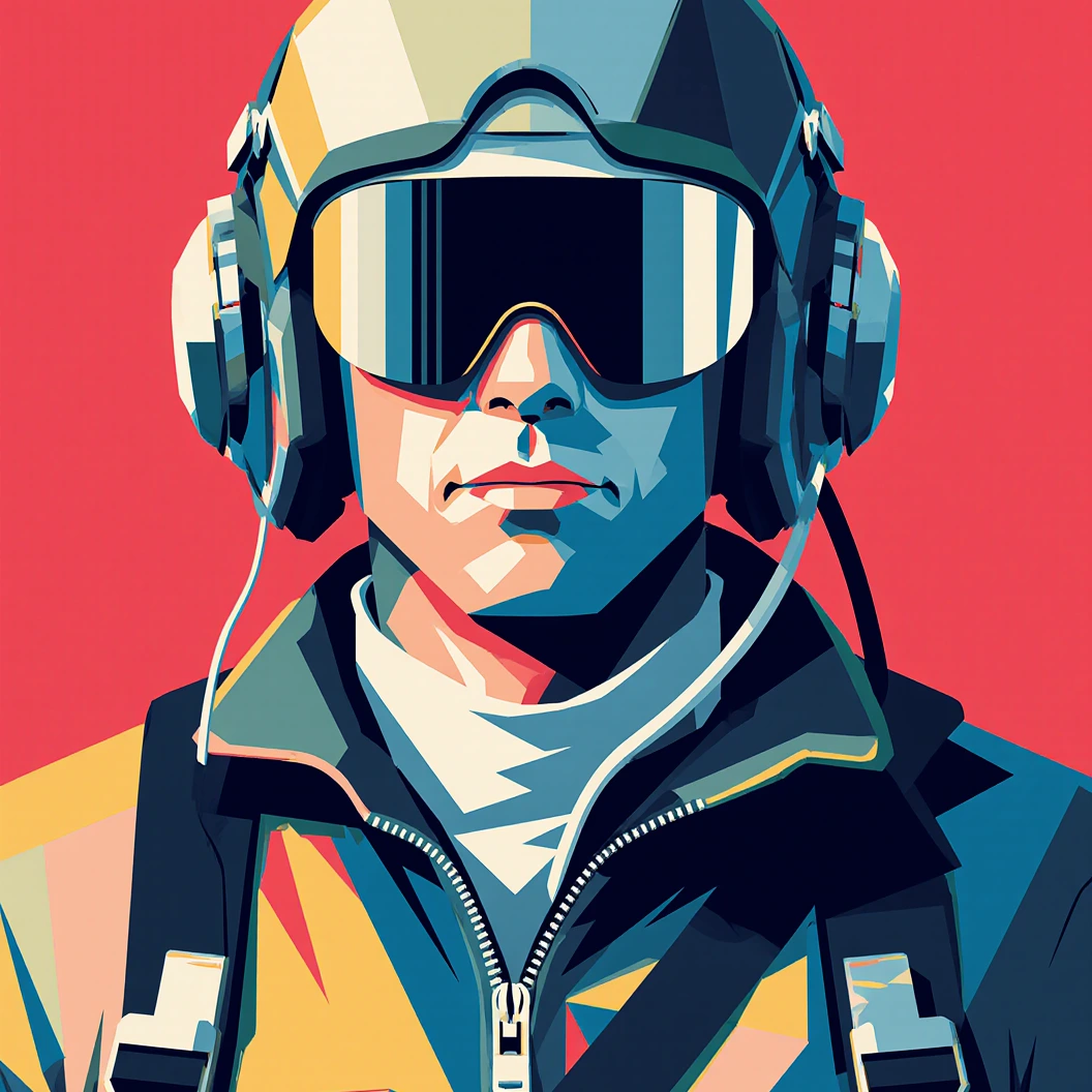 Minimalist geometric illustration of a WW2 pilot, colorful