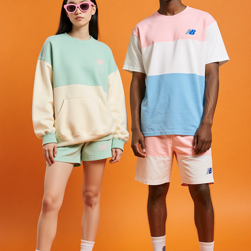 Two young models stand against a vivid orange backdrop wearing pastel color-block outfits and chunky New Balance sneakers. The woman wears a mint and cream sweatshirt with matching shorts and pink sunglasses, while the man wears a pastel blue, pink, and white t-shirt with matching shorts and blue sunglasses. Their styling is bold, playful, and coordinated in a soft retro-futurist palette.