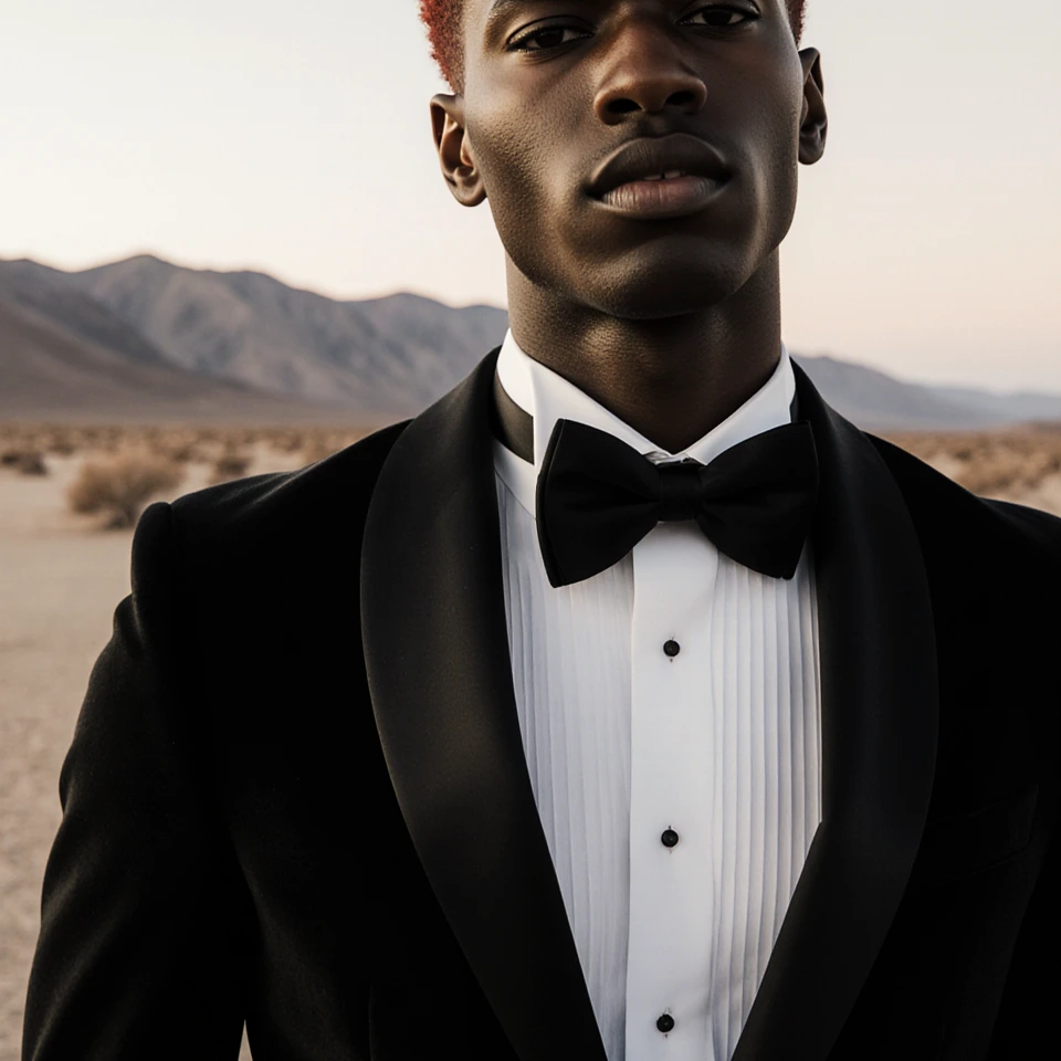 A black male model with red hair a black tuxedo in the Mojave desert, low angle shot