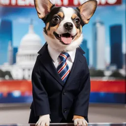 Photo of a small dog wearing a suit as a news presenter
