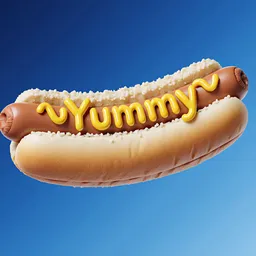 Bright 3D render of a Hot Dog with the word 'Yummy' spelled in mustard, floating in front of a white blue gradient background